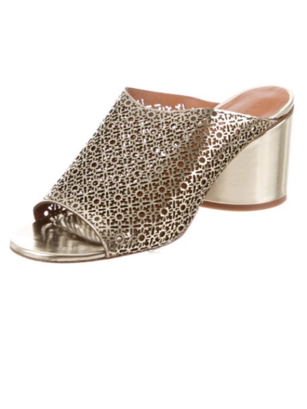 Robert clergerie Lea gold metallic lasercut block heel mule sandals US SZ 8.5